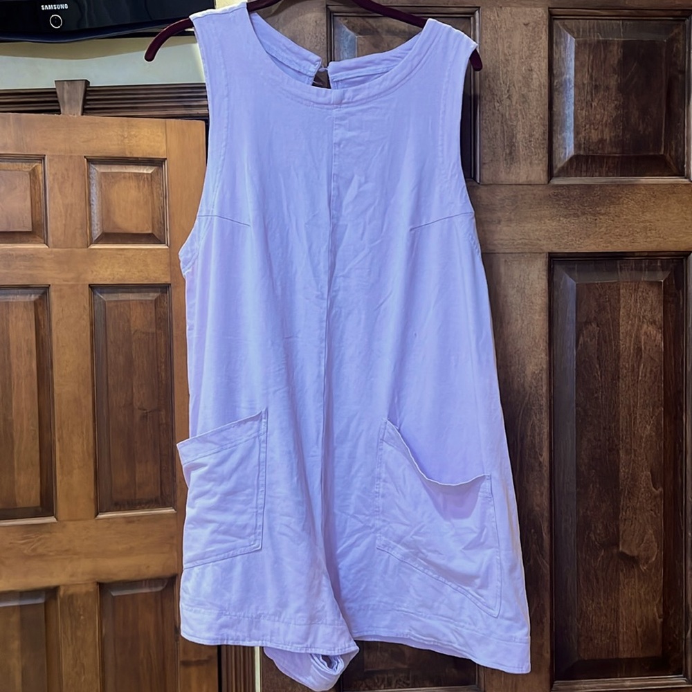 Solid Color Purple Casual Round Neck Sleeveless Pocket Loose Rompers
